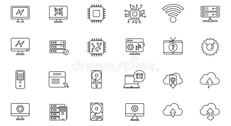 AI-Generated Tech Icons. This set of 24 technology icons, generated by AI, depicts various computer hardware, software, and cloud computing elements. The line art style is clean and modern, suitable for websites or applications needing a consistent visual theme.