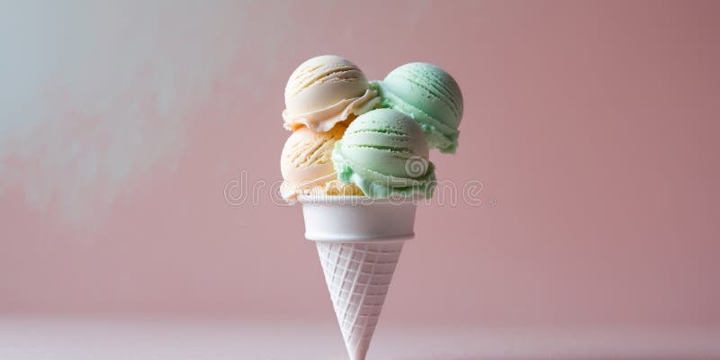 Triple scoop ice cream cone on pastel pink background stock images