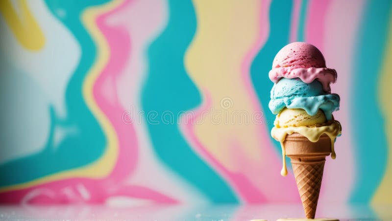 Triple scoop ice cream cones melting over a colorful liquid art background. royalty free stock photo