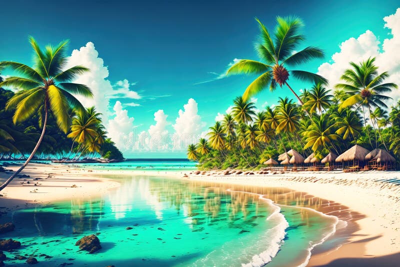 Tropical Beach with Palm Trees by AI Generated Stock Illustration