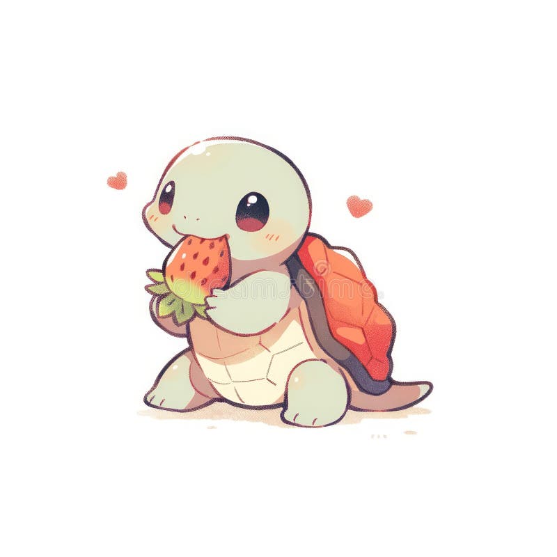 Turtle Eat Strawberry Chibi Cartoon Style Isolated Plain Background by