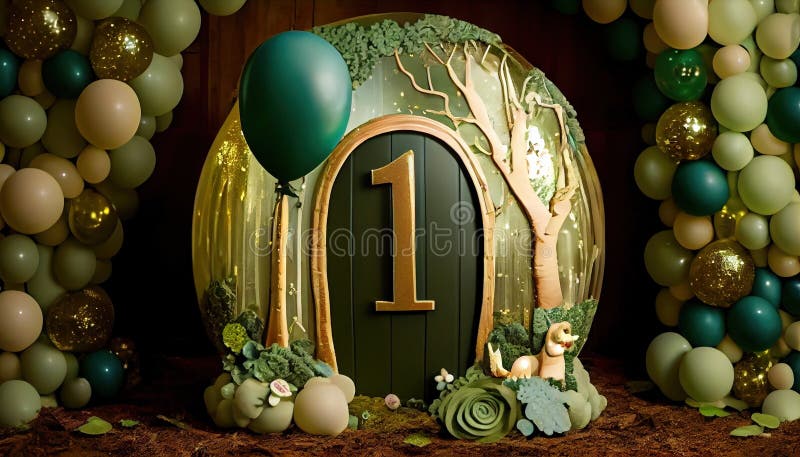 One Year in the Enchanted Forest Smash Cake Birthday Backdrop Background, Made with Generative AI