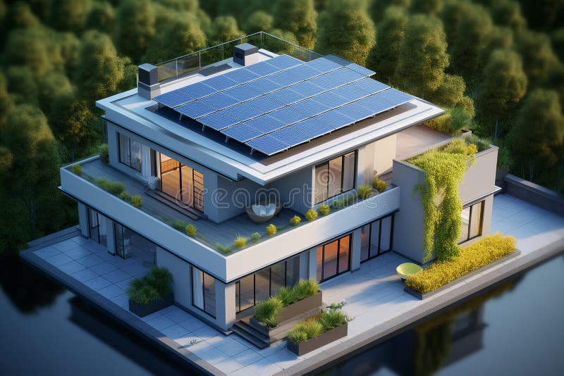Ai generativ. isometrische 3D-Darstellung eines nachhaltigen modernen Hauses. stock abbildung