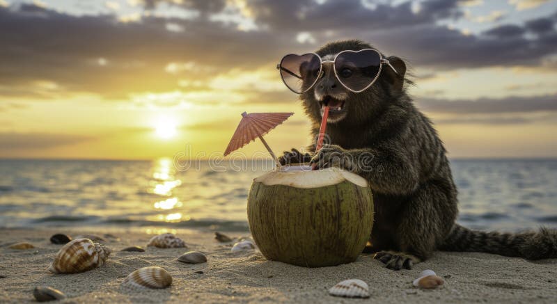 Adorable Ai Generative Monkey with Heart Sunglasses Enjoying a Coconut Drink on the Beach at Sunset stock image