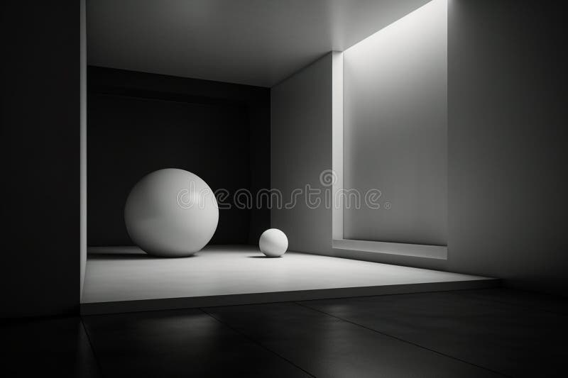 Ai Generative 3d rendering of an empty room with a white ball in the middle royalty free illustration