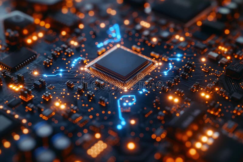 Close-Up Illuminated Microchip Circuit Board Ai generative vector illustration