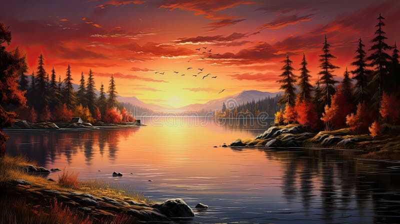 illustration of a stunning autumn lake landscape in sunset