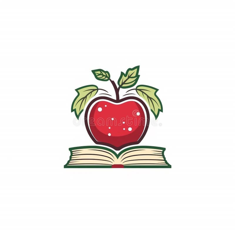 Siglă educațională cu cărți și mere. O imagine generativă a unei sigle a conceptului de educație care prezintă o carte și un măr care reprezintă învățarea cunoștințelor și conexiunea elevilor învățați