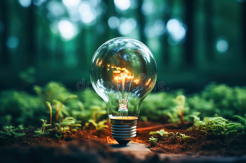 Ai generative. Lightbulb in a green environment, idea ecology, environment, nature vector illustration