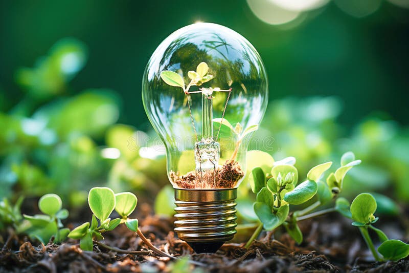 Ai generative. Lightbulb in a green environment, idea ecology, environment, nature royalty free illustration