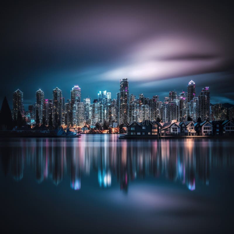 AI Generative View of Vancouver S Skyline from Across Water at Night ...