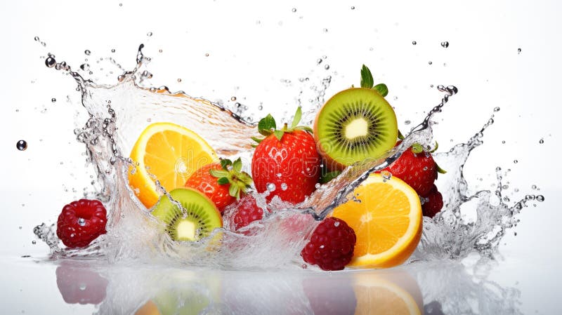 Ai generativefresh multifrutas y verduras salpicadas en agua azul transparente salpican comida saludable libre illustration
