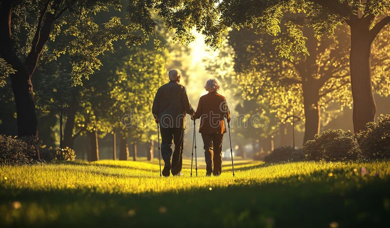 AI generator image of an elderly couple walking hand in hand stock illustration