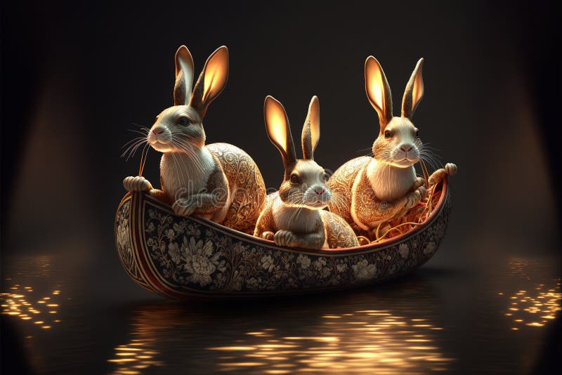Ai genereerde 3 horoscoop konijnen die op een kanoveconcept varen voor het gelukkige chinese nieuwe jaar 2023 het jaar van het wat