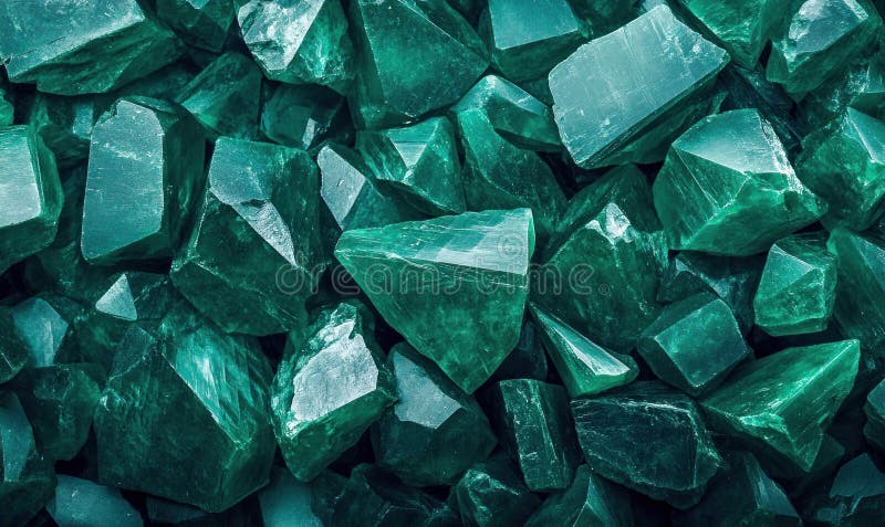 A lush pile of raw emeralds showcases the vibrant green hues and geometric facets of these precious gems. AI genererad