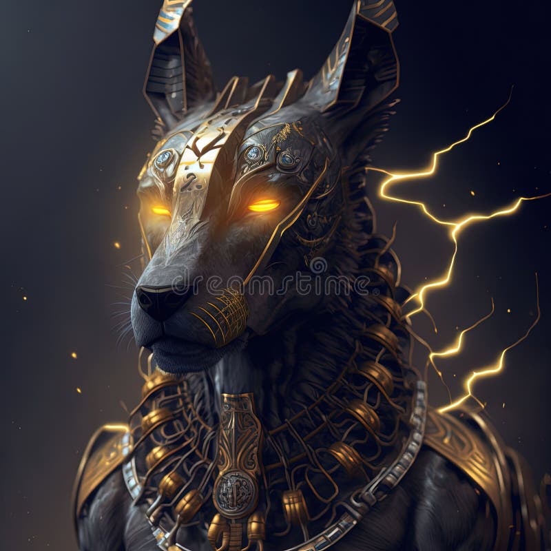 En ai-genererad 3d-illustration av en grå varg med ljusröda ögon och en metallisk utrustning