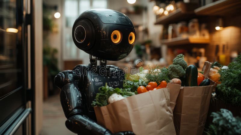 AI-genererad. En svart robot med orangefärgade ögon ses som en groceri shopping royaltyfri illustrationer