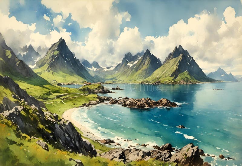 AI-genererad illustration av berg och sjö stock illustrationer