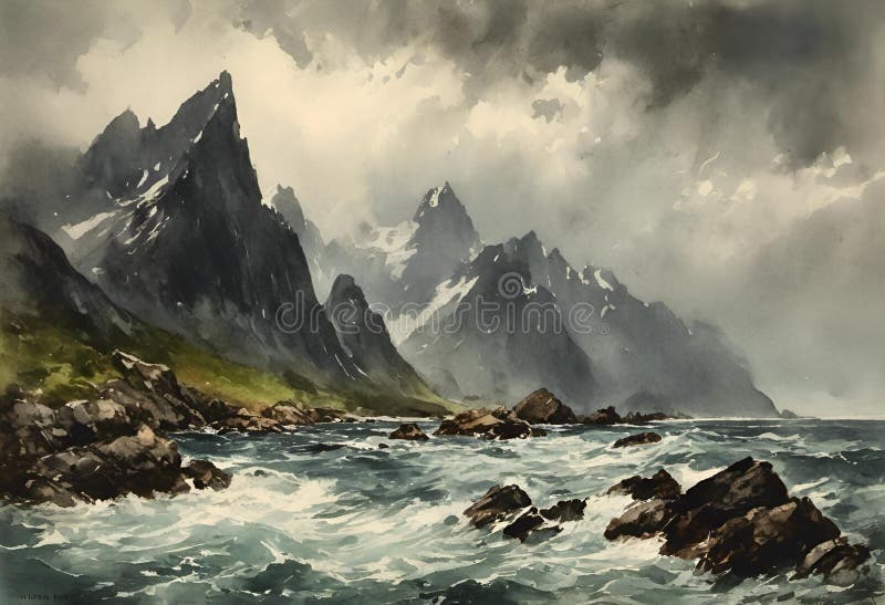 AI-genererad illustration av berg och sjö vektor illustrationer
