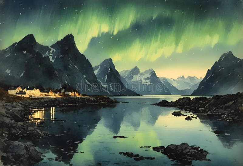 AI-genererad illustration av berg och sjö royaltyfri illustrationer