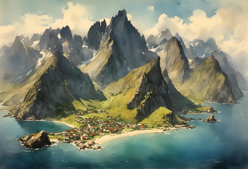 AI-genererad illustration av berg och sjö vektor illustrationer