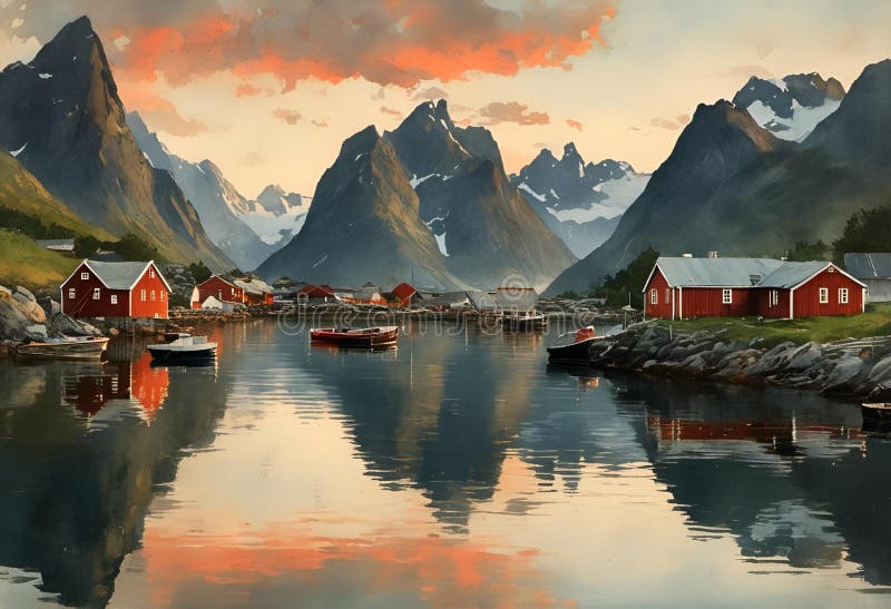 AI-genererad illustration av berg och sjö vektor illustrationer