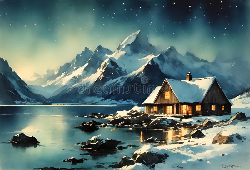 AI-genererad illustration av berg och sjö stock illustrationer