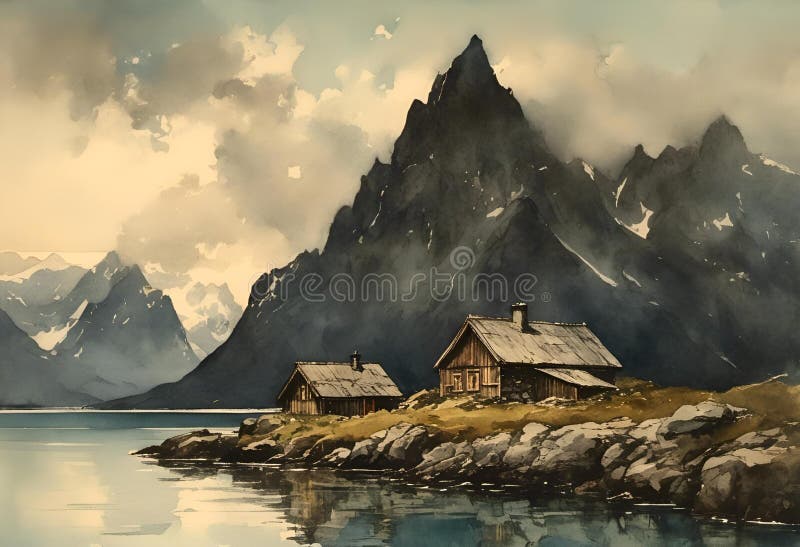 AI-genererad illustration av berg och sjö vektor illustrationer