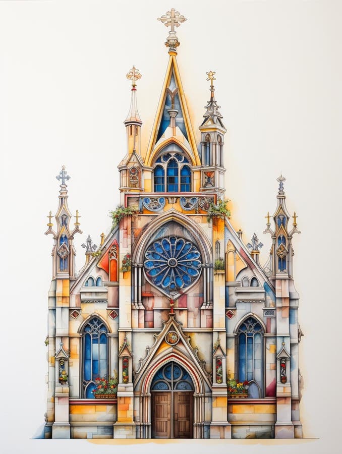 Ai-genererad illustration av en guthicitekyrka med ljusvit bakgrund stock illustrationer