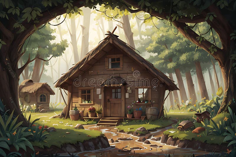 Ai-genererad illustration av en hut mitt i en grön skog stock illustrationer
