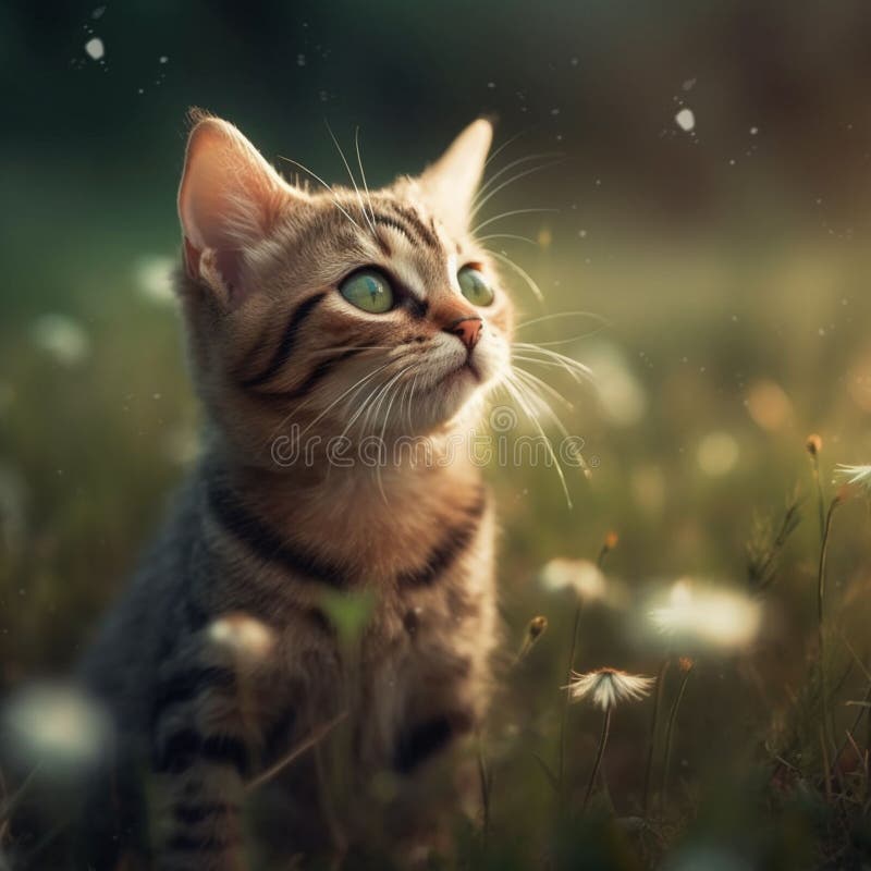 Ai-genererad illustration av en söt liten katt som tittar upp på ett fält med levande vilda blommor royaltyfri illustrationer