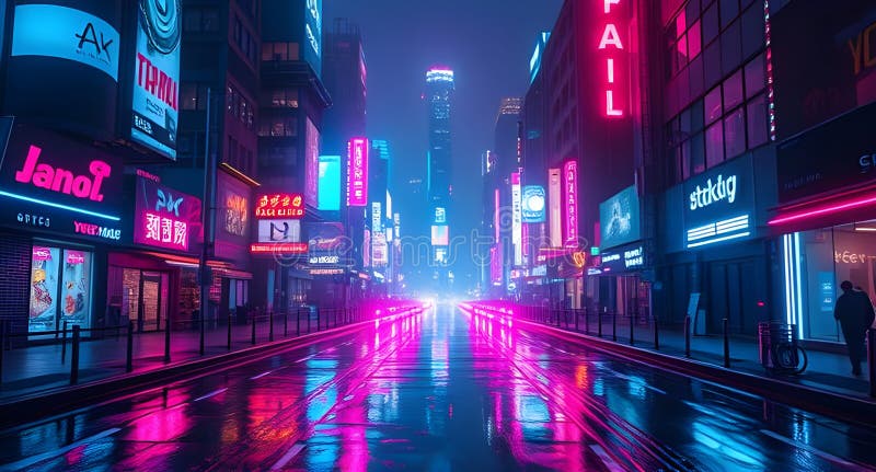 AI genererade futuristiskt cybernetiskt citysslande nattetid med neonreflektioner och glödande hologram stock illustrationer