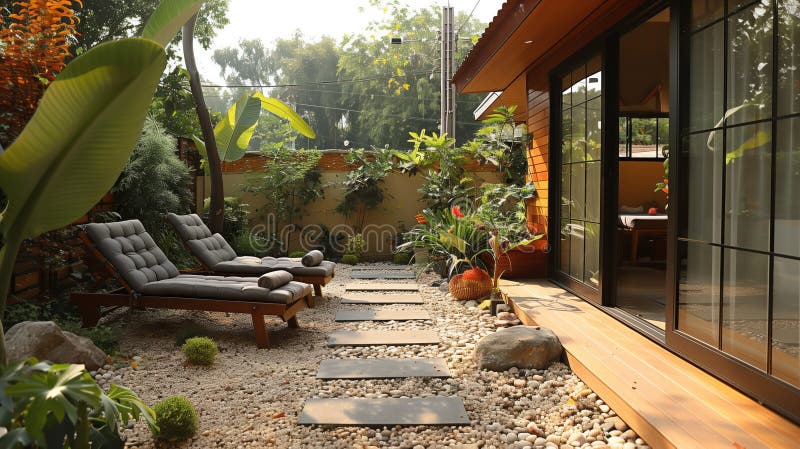 Backyard with lounge chair, stone pathway, and a potted succulent. Achieving tranquility through minimalist. Ai generiert