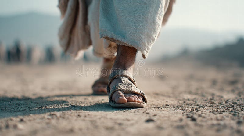 Jesus geht auf einer staubigen Straße, Nahaufnahme seiner Füße und Sandalen stockbild