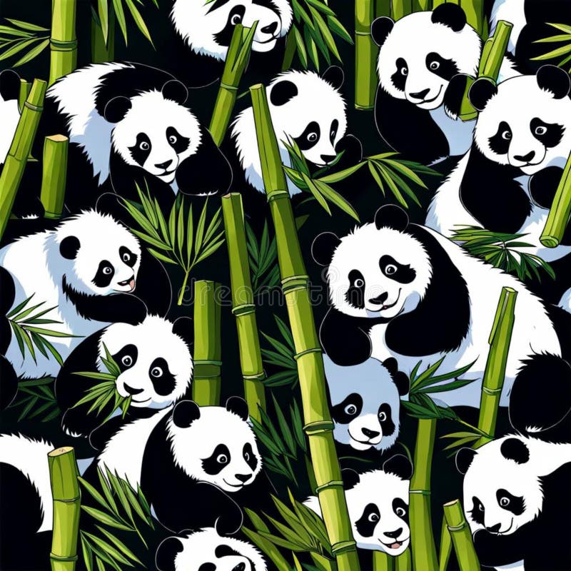 Ai generiert Abbildung einer Herde süßer Pandas in einem Bambuswald stock abbildung