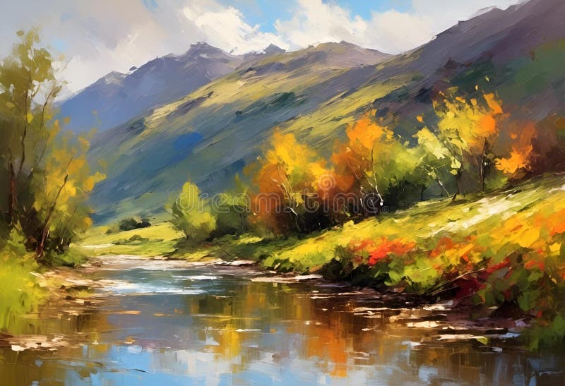 Ai generiert Abbildung einer Landschaftsmalerei eines Flusses zwischen Hügeln und Bäumen im Herbst lizenzfreie abbildung