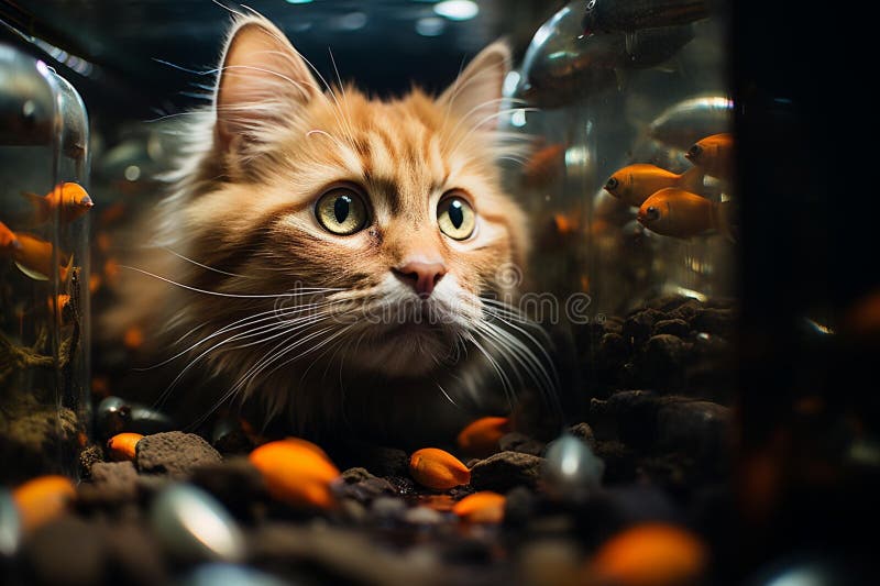 Ai generiert Abbildung einer seltsamen Orangenkatze, die in ein Aquarium mit goldenen Fischen schwebt stock abbildung