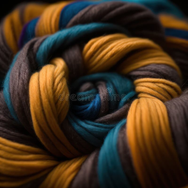Ai generiert Abbildung von oben Heap von gerolltem Skein aus braunen und grünen und gelben Wollfäden stock abbildung