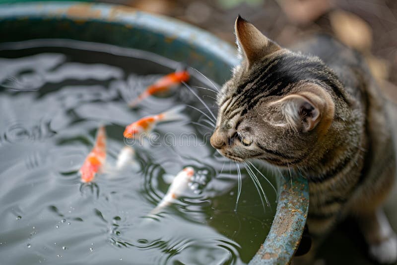 Ai generiert Illustration einer merkwürdigen Tabbykatze, die Fische in einem Tank betrachtet lizenzfreie abbildung