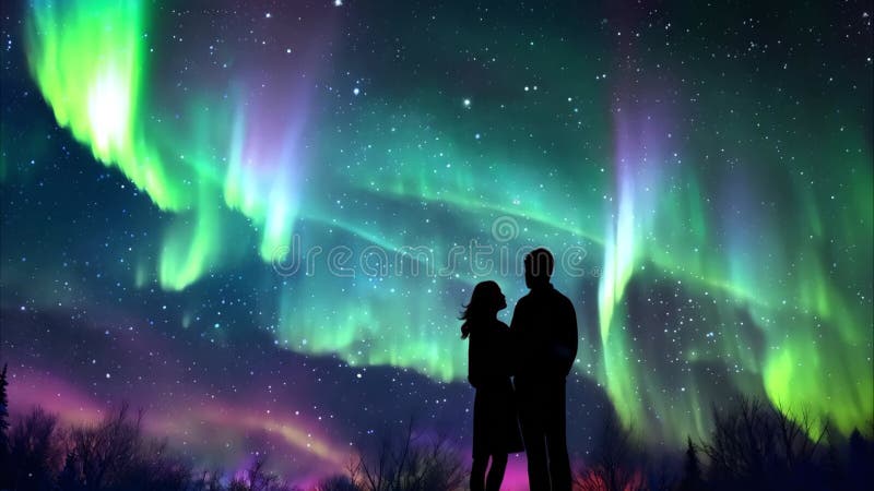 Ai generiert Illustration einer Silhouette von Mann und Frau, die vor dem pulsierenden aurora stehen lizenzfreie abbildung