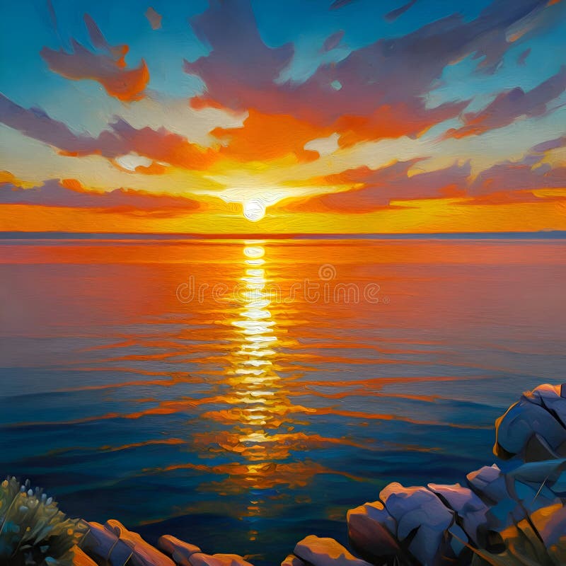 Ai generiert : Sonnenuntergang über Wasser mit bunten Wolken und Felsen entlang des Ufers lizenzfreie stockbilder