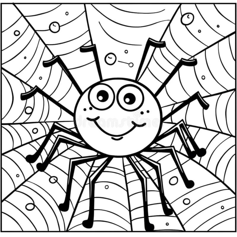 Ai generierte Abbildung einer Cartoon Spinne mit fehlenden Beinen auf dem Rücken gefangen in einem Web stock abbildung