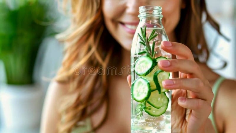 Ai generierte Abbildung einer jungen lächelnden Dame mit einer Flasche Gurkenwasser vektor abbildung