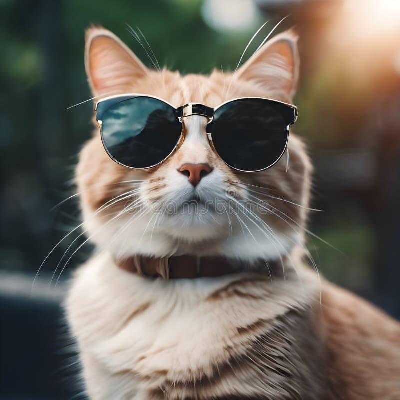 Ai generierte Abbildung einer Katze in Sonnenbrillen Blick über Wasser in Sonnenlicht. Eine ai-erzeugte Abbildung einer Katze in Sonnenbrillen blitzt über Wasser in Sonnenlicht