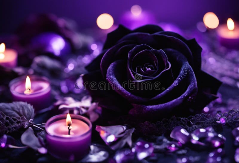 Ai generierte Abbildung einer violetten Rose mit Kerzen stock abbildung