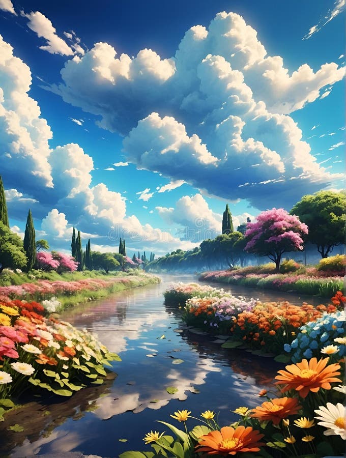 Ai generierte Abbildung eines Gemäldes eines Flusses mit blühenden Blumen lizenzfreie abbildung