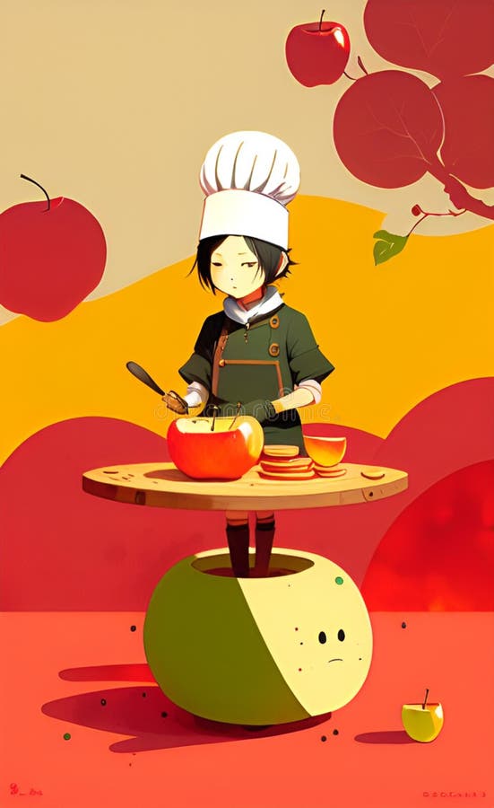 Ai generierte Abbildung eines Küchenchefs, der ein Gericht mit Äpfeln zubereitet lizenzfreies stockbild