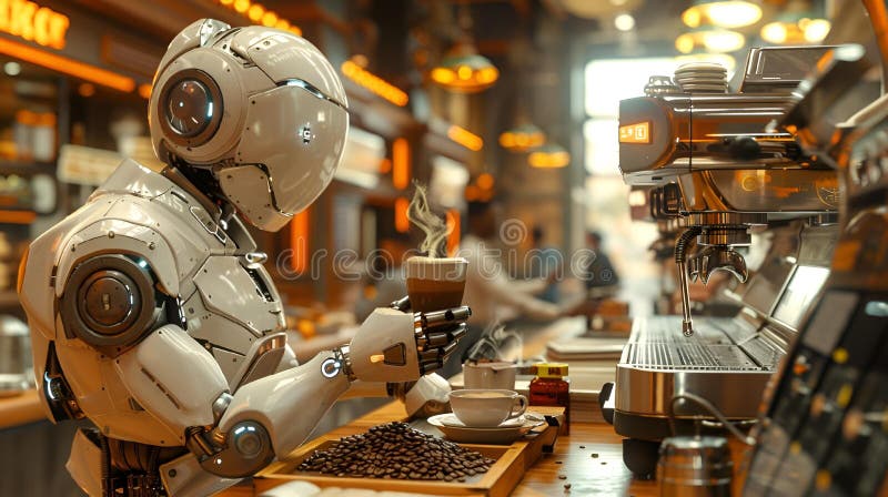 Ai generierte Abbildung eines Roboters sitzend vor einer Kaffeemaschine vektor abbildung