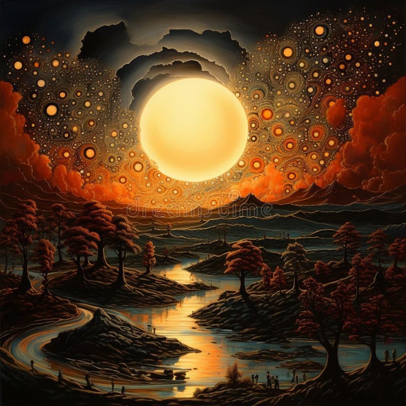 Ai generierte Abbildung eines surrealistischen Gemäldes eines Flusses in einer Landschaft unter dem Mondlicht vektor abbildung