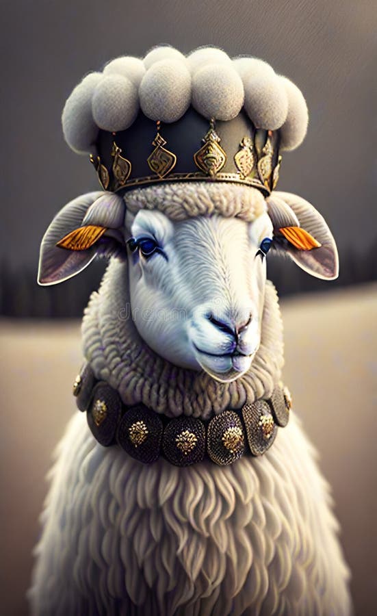 Ai generierte Abbildung eines weißen Schafes mit einer Krone lizenzfreies stockbild